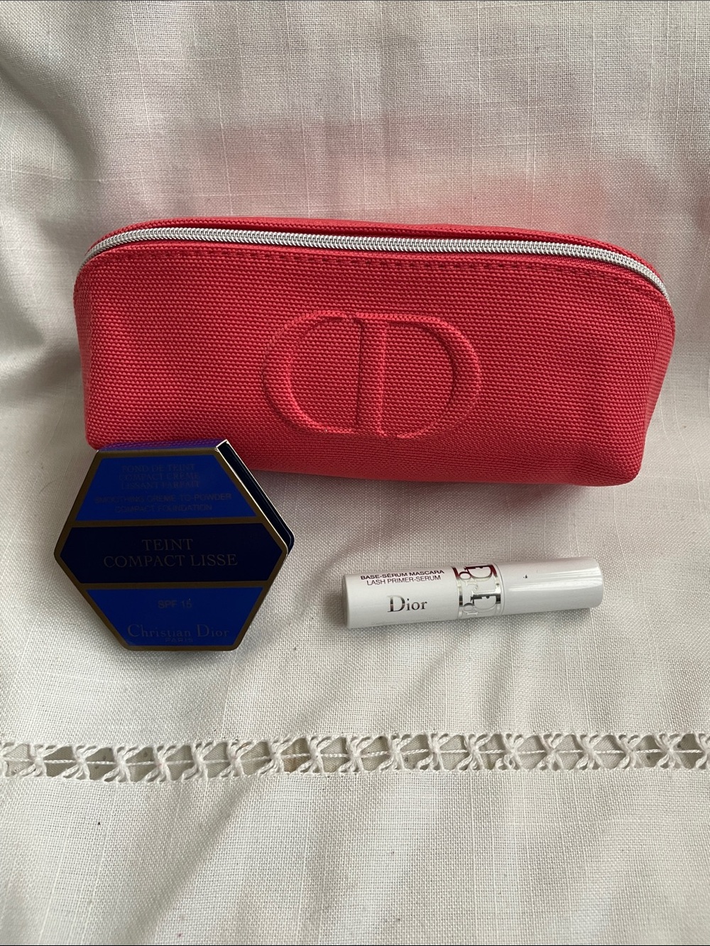 Dior Coral Pink Canvas Cosmetic Pouch with Mascara,Face Powder
